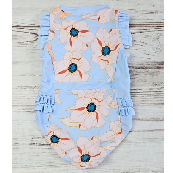 Shein Floral Print Flutter Sleeve Zip Front Baby Blue Swimsuit sz 5T - Picture 4 of 4